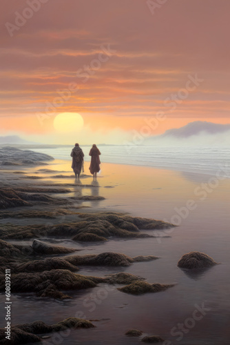 Two people walking on the seashore at dawn, landscape, Celtic. Generative AI