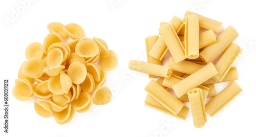 two types of Italian pasta / noodles isolated over a transparent background, a heap or group of "orecchiette" (small ears) and of rolled "papiri", cut-out mediterranean food design elements, top view