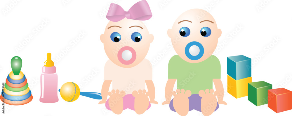 Obraz premium editable vector illustration of boy and girl sitting in the room full of toys