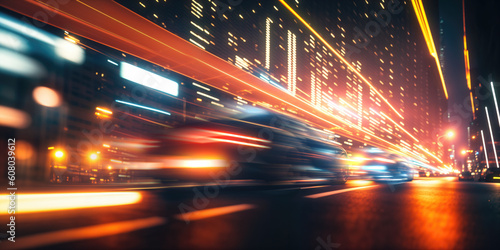 Electrifying city traffic with streaks of light painting the bustling streets. The fast-moving cars create a visual display, embodying the speed, energy, and constant motion of city. . Generative AI © Quardia Inc.