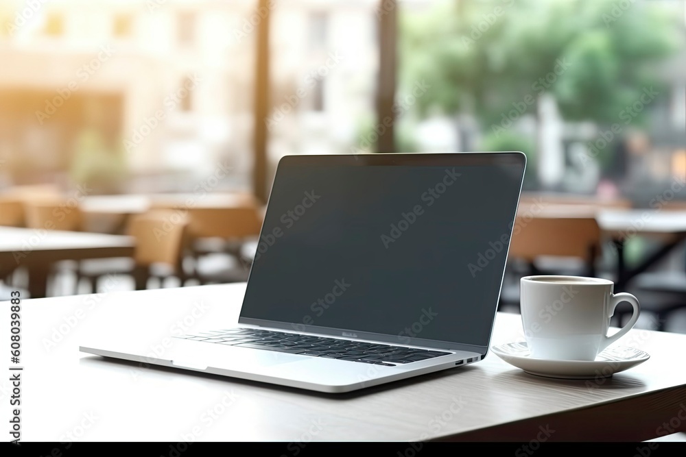 Mockup laptop computer. Mockup image of a laptop with blank white screen on wooden table in modern loft cafe Mockup laptop computer. Mockup image of a laptop with blank white screen on wooden table in modern loft cafe