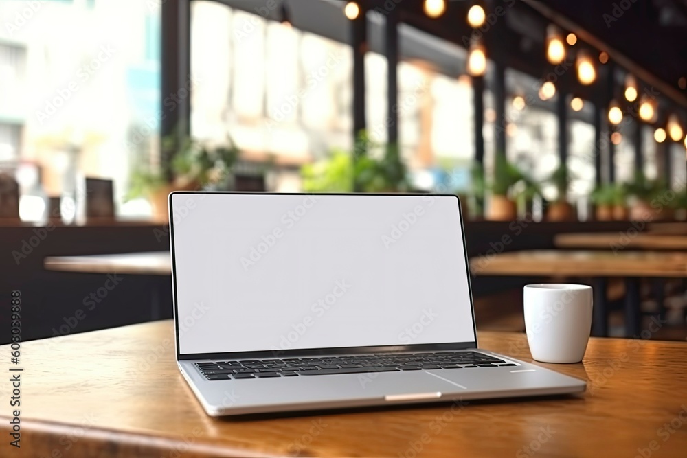 Mockup laptop computer. Mockup image of a laptop with blank white screen on wooden table in modern loft cafe Mockup laptop computer. Mockup image of a laptop with blank white screen on wooden table in modern loft cafe
