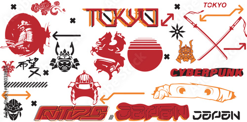Retro futuristic, rave trip elements set. Acid geometric shapes style. Psycho, street, vaporwave 80s, 90s elements. Y2k symbols Translation of Japanese inscriptions - cyberpunk, paradise