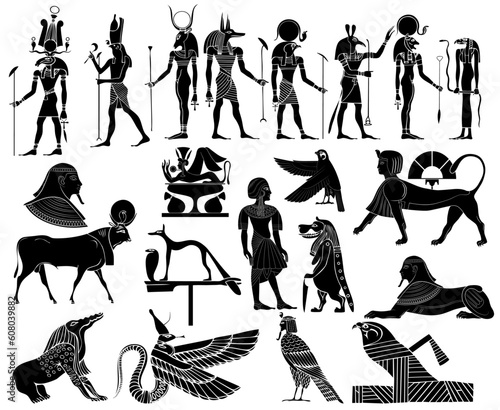 Vector - various themes of ancient Egypt:   Illustration of the gods and goddess of ancient Egypt - Ra, Anubis, Bastet, Hathor, Khensu, Hathor, Horus, Seth and various demon and creatures of ancient E photo