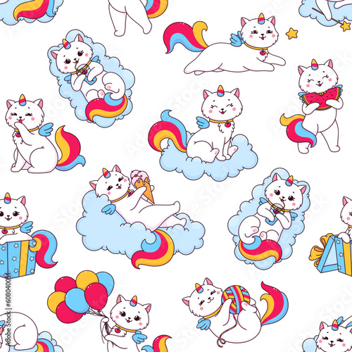 Cute cartoon caticorn seamless pattern. Vector tiled repeated background with cute unicorn cat character on cloud. Kawaii fantasy kitten personage eating ice cream or watermelon, drink cocktail, fun