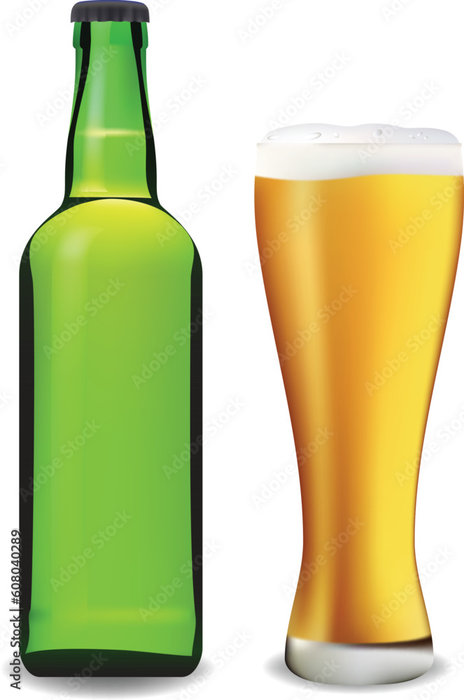 Beer bottle and glass. Vector illustration. Contains mesh. Beer bottle and glass. Vector illustration. Contains mesh.