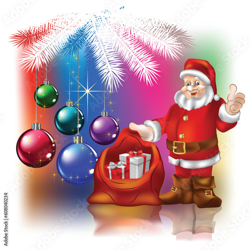 Santa Claus with christmas gifts on a colored background