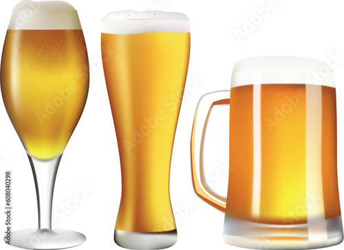Three beer pints. Vector illustration. Contains mesh.