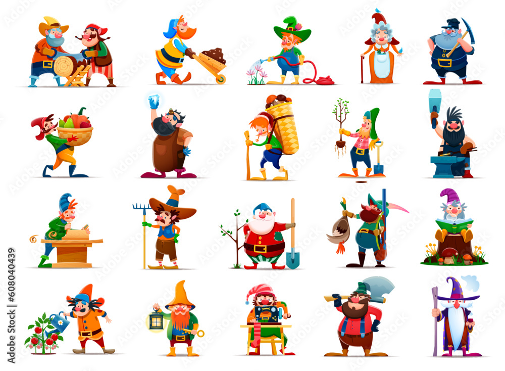 Cartoon gnome or dwarf characters with beards, hats. Cute fairy tale elf vector personages with mushroom basket, lantern, miner wheelbarrow and pickaxe. Gnomes watering flower, growing plants, smoking