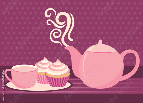 Cupcakes and teacup next to a steaming teapot.