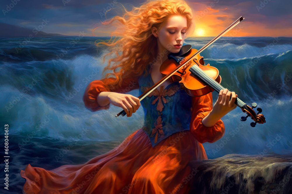 Φωτογραφία Woman with red hair playing the violin at the ocean shore at sunrise, painting, Celtic