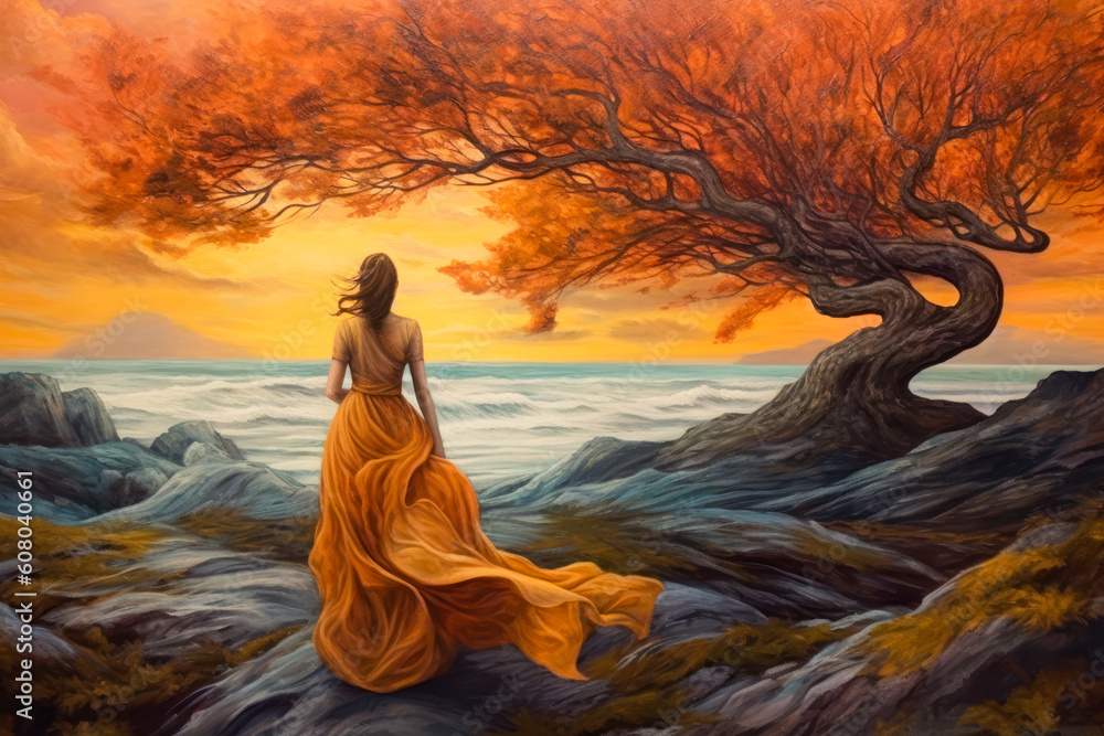 Woman in a flowing yellow dress standing on the ocean shore, orange tree, warm colors, painting, Celtic. Generative AI