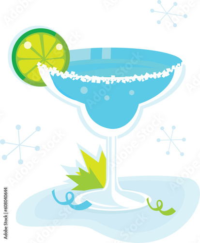 Retro Margarita drink isolated on white background. Lime and mint leaf - retro party begin! Vector Illustration.