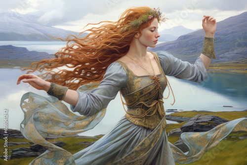 Fototapeta Woman in flowing dress with red hair dancing on the shore, portrait, painting, Celtic, Ireland