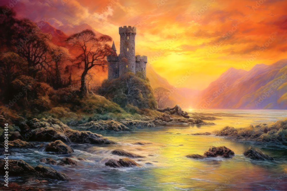 Old stone castle ruins on shore, early morning dawn, red yellow warm colors, empty landscape, Celtic. Generative AI