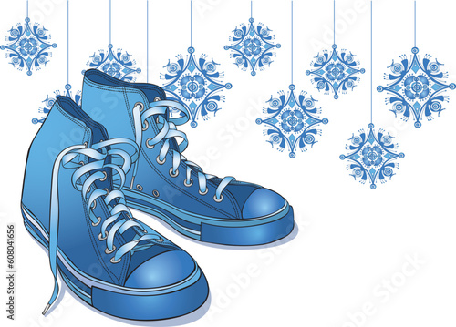 Vector art in Illustrator 8. Cool ice blue winter high tops. Sneakers are INDIVIDUAL images and can be separated, used alone, moved around, whatever your needs. Each sneaker, color, outline, and snowf