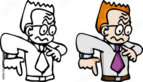 Cartoon of a jittery red-haired business man in B&W and color.