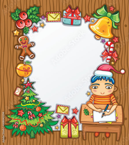 Little boy  wearing Santa hat  writing a letter to Santa . Lots of Christmas ornaments and decorations. Christmas kids series 1