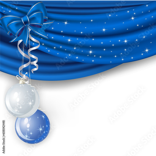 Christmas background with blue curtain and balls