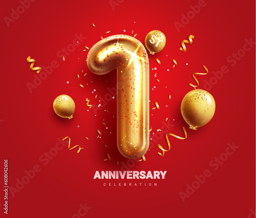 1st anniversary vector design. First year anniversary celebration with number one gold metallic color balloon elements. Vector illustration greeting card in elegant red background. 