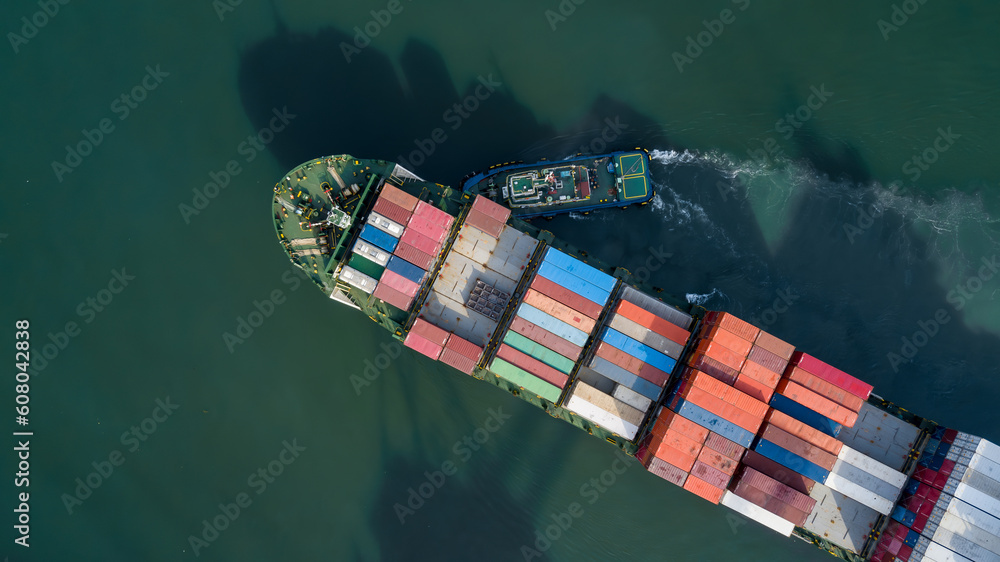 Fototapeta premium Aerial view container cargo ship, Global business import export logistic and transportation freight shipping of international by container cargo ship, Container cargo vessel freight shipping.