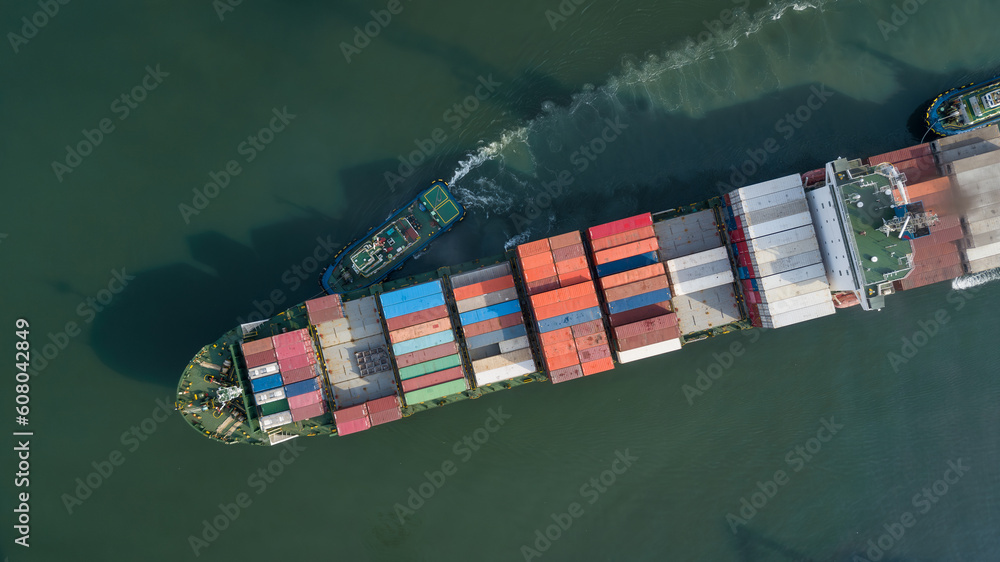 Fototapeta premium Aerial view container cargo ship, Global business import export logistic and transportation freight shipping of international by container cargo ship, Container cargo vessel freight shipping.