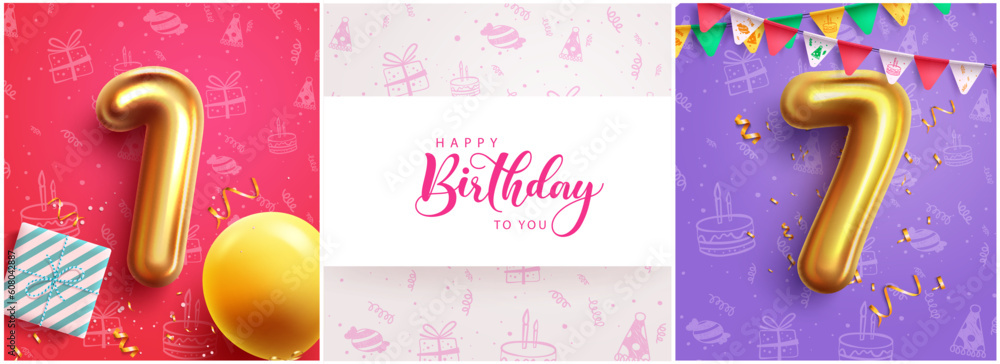 Happy birthday text vector set banner. 1st and 7th birthday celebration