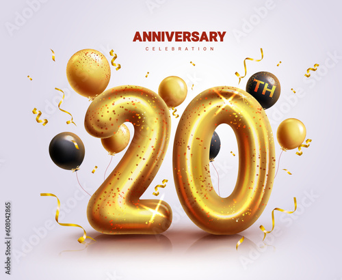 20th anniversary vector design. Anniversary 20th celebration greeting card decoration with twenty gold metallic balloon elements. Vector illustration in invitation elegant background.
