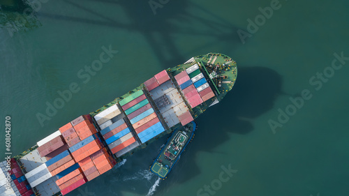 Aerial view container cargo ship, Global business import export logistic and transportation freight shipping of international by container cargo ship, Container cargo vessel freight shipping.