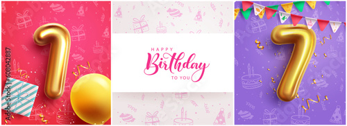 Happy birthday text vector set banner. 1st and 7th birthday celebration in elegant background. Vector illustration invitation card lay out collection.