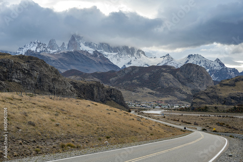 Entrance to El Chalten, with the Fitz Roy behind in the clouds, in Santa Cruz, Argentine Patagonia.