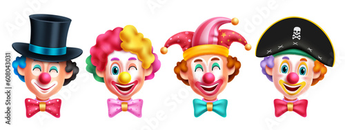 Clown character vector set design. Birthday buffoon and mascot costume collection with funny face expression. Vector Illustration party and event comedian characters.