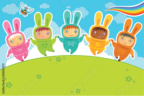 Vector greeting card: cute little babies dressed as Bunnies. Rabbit is a symbol of 2011.