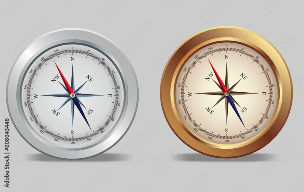 Illustration of a silver and bronze compasses Illustration of a silver and bronze compasses