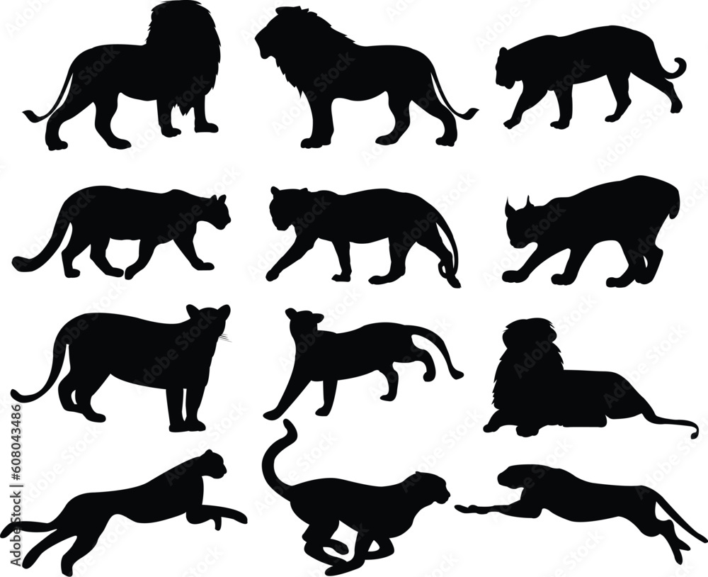 big cats silhouette collection - vector