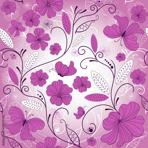 Seamless floral pattern with violet flowers and butterflies (vector)