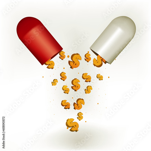 illustration of dollar falling from capsule on white background