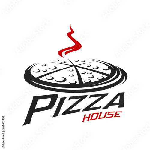 Pizza icon, vector pizzeria or fast food restaurant of italian cuisine. Normal cut pizza slices with cheese, sauce, sausages and hot steam swirl isolated symbol for pizzeria, cafe or bakery menu