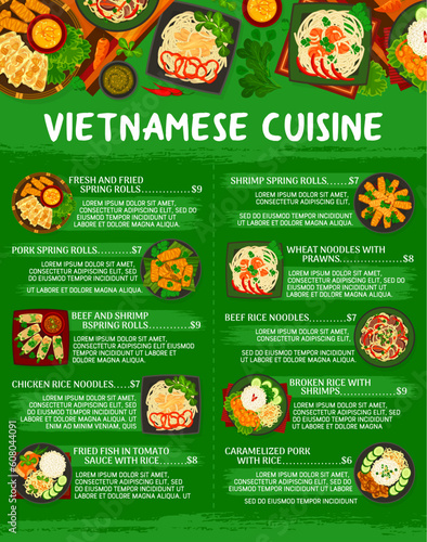 Vietnamese cuisine restaurant food menu. Shrimp, pork and beef spring rolls, wheat noodles with prawns, caramelized pork and beef, chicken rice noodles, rice with shrimps and fish in tomato sauce