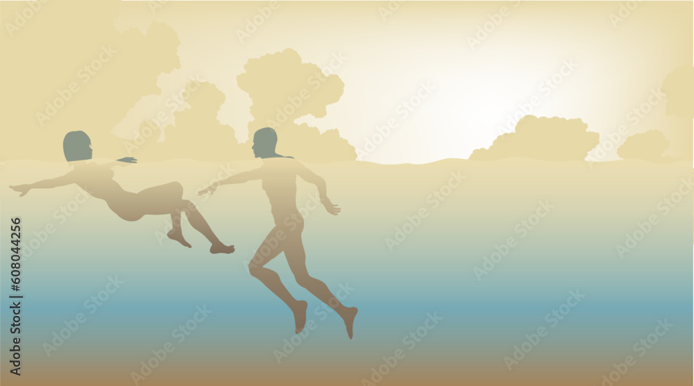 Editable vector illustration of a man and a woman swimming together