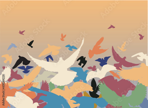 Vector design of a flock of colorful pigeons taking off