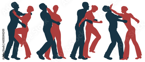 Set of editable vector silhouettes of self defense moves for women