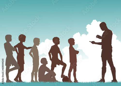 Editable vector silhouette of a man coaching football to children