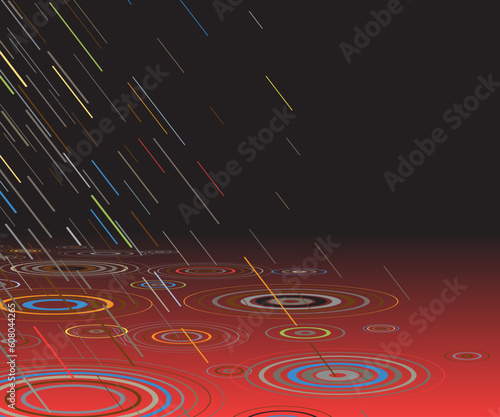 Editable vector illustration of colorful rain falling into red water at night with copy-space