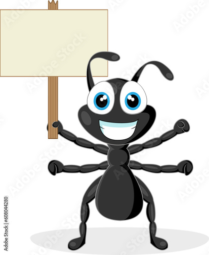 vector illustration of a cute little black ant with wood sign. No gradient.