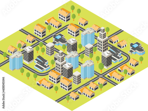Isometric city with downtown and  suburbs, buildings and roads