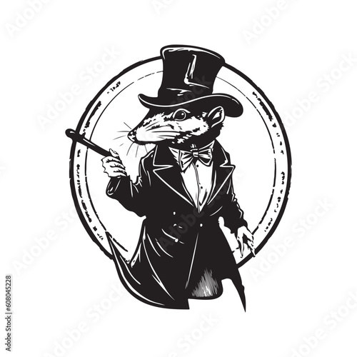anthropomorphic shrew, vintage logo line art concept black and white color, hand drawn illustration