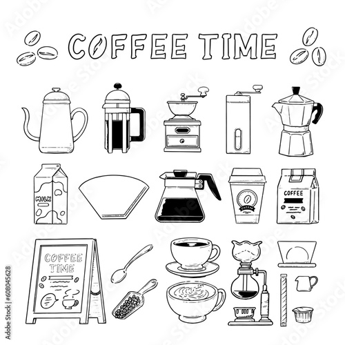 モノクロ　手描きのコーヒー器具のイラストセット