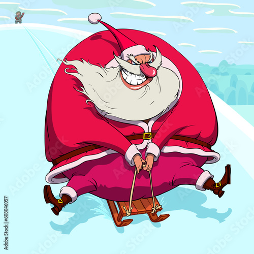 Happy Santa Claus is sliding from a hill in a sled
