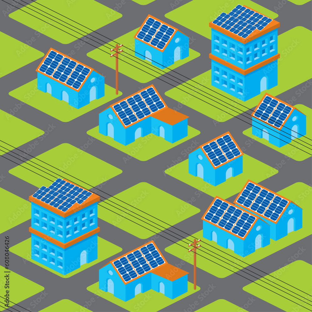 Isometric cityscape seamless pattern with solar panels on roofs and electricity poles